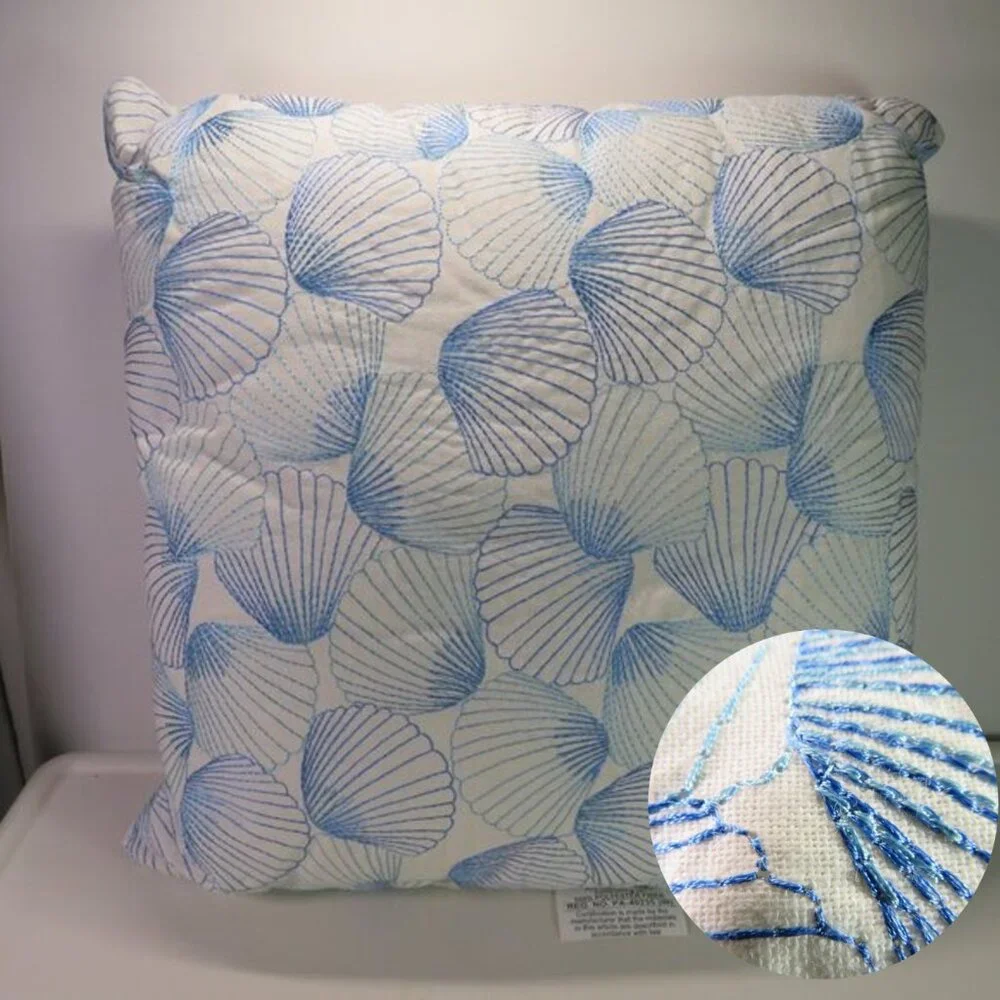 Blue Embroidered Seashell ombre pillow 100% cotton